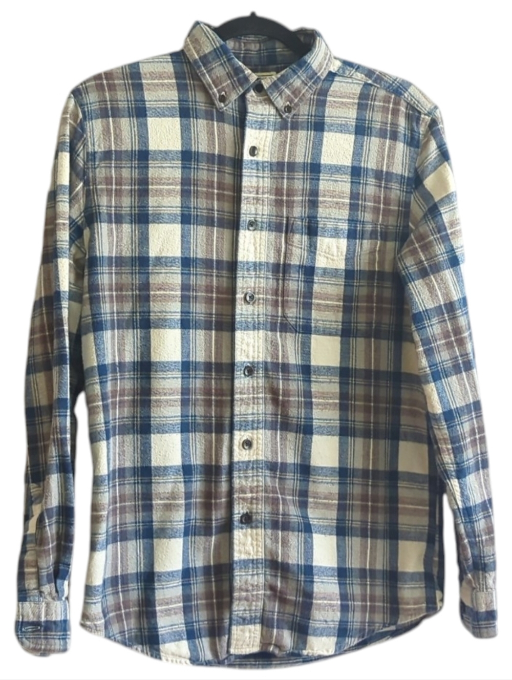 L.L. Bean Cream Blue Brown Plaid Flannel Button-Down Shirt Slightly Fitted Sze S